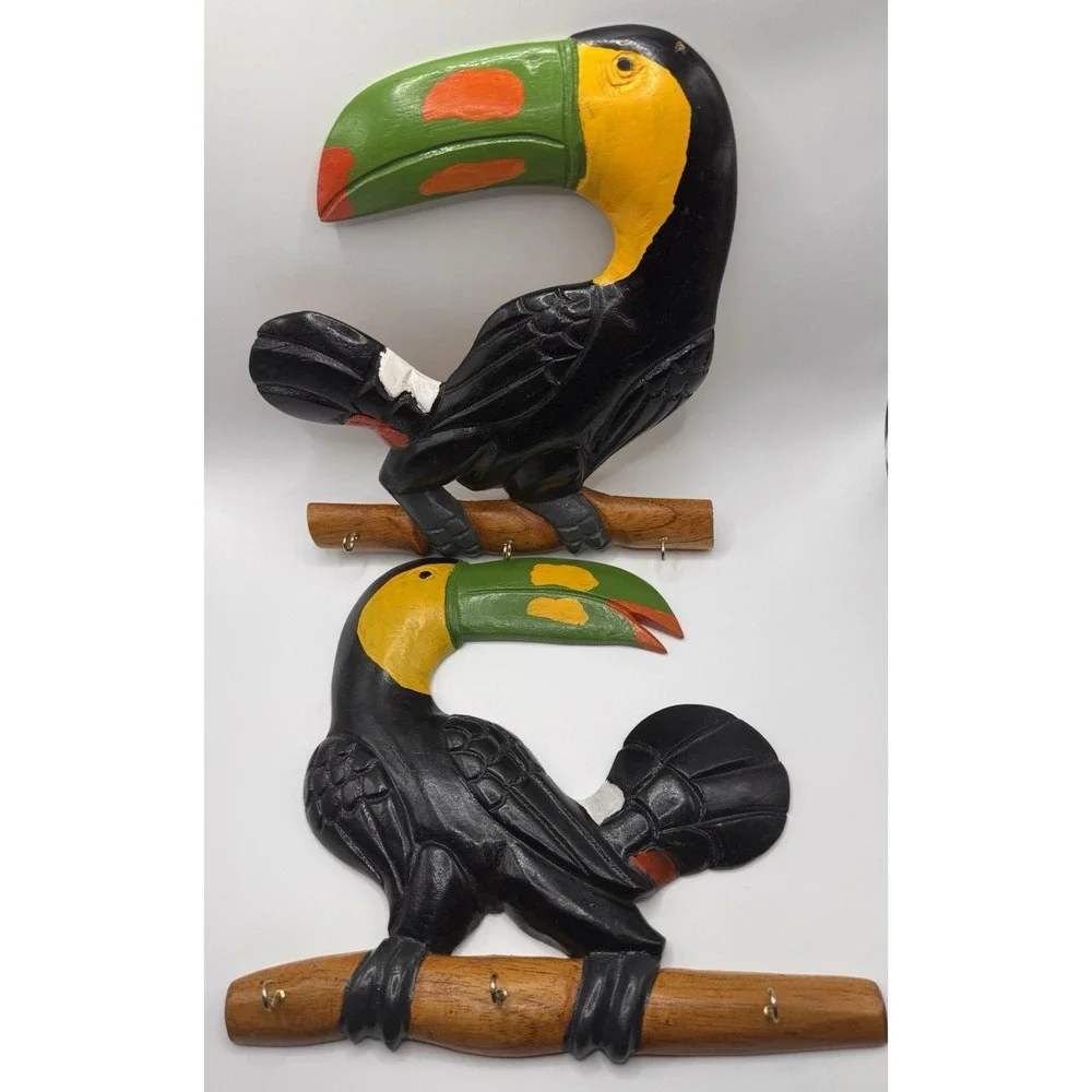 Wall Hook Key Holder Pair Toucan Hand‎ Carved Wood Panama Folk Art 3 Hooks